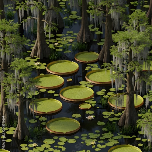Serene bayou scene with lily pads.