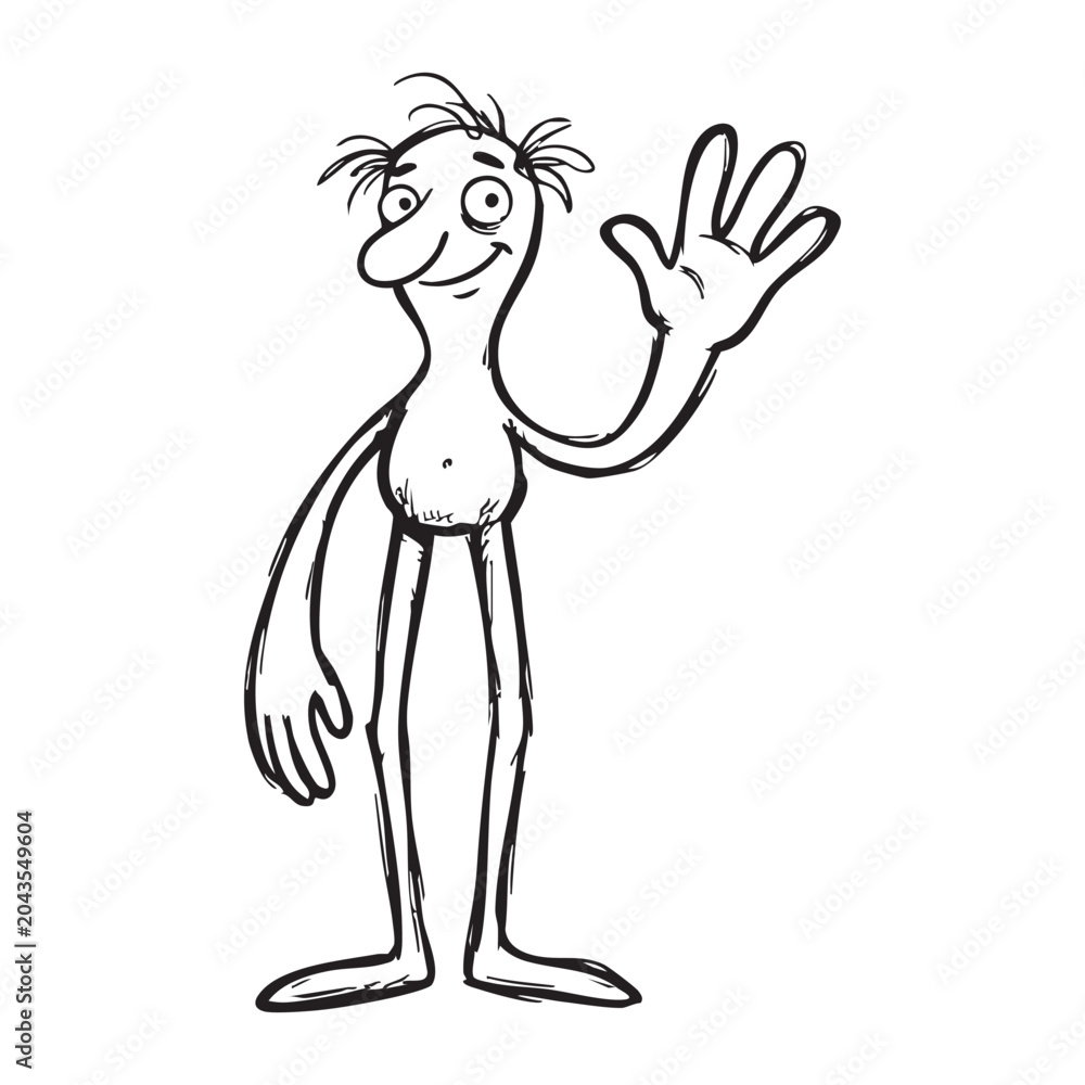 Fototapeta premium Tall skinny character waving hand funny doodle hand drawn style.