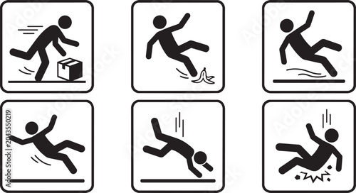 slip and fall hazard icon set with workplace accident and safety warning symbols vector illustration