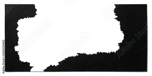 Schilderij op canvas A stark black border with a jagged, torn edge frames a bright white rectangular space, suggesting a dramatic reveal or a hidden element, perfect for graphic overlays or design
