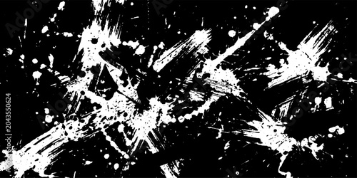 Tableau sur toile Abstract white paint splatters and brush strokes on a black background create a dynamic and energetic artistic composition
