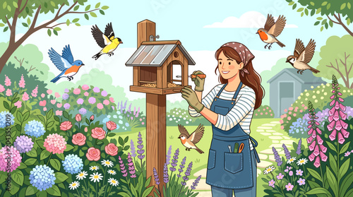 A happy woman feeding colorful birds at a wooden birdhouse in a lush summer garden full of blooming flowers