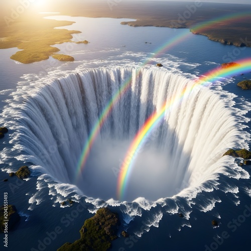 Majestic waterfall with double rainbow arc.