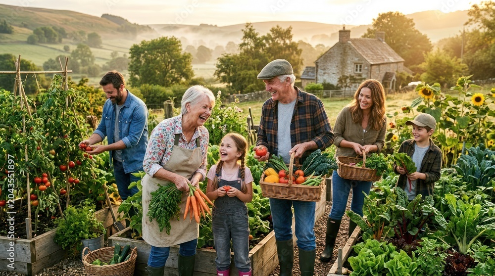 Obraz premium A family of five, including a child, harvests vegetables in a lush, green garden, with a backdrop of rolling hills and a clear sky.