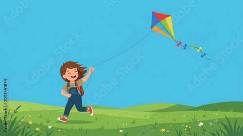 Happy Child Flying Colorful Kite In Park Illustration