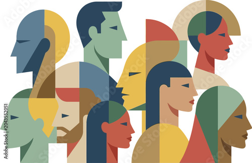 Abstract illustration of diverse people's faces in profile, showcasing a spectrum of colors and geometric shapes.