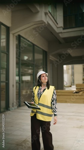 A woman engineer in a hard hat and safety vest surveys a construction site. She uses a digital tablet for inspection and project management