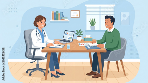 Doctor Consulting Senior Patient In Medical Office Illustration