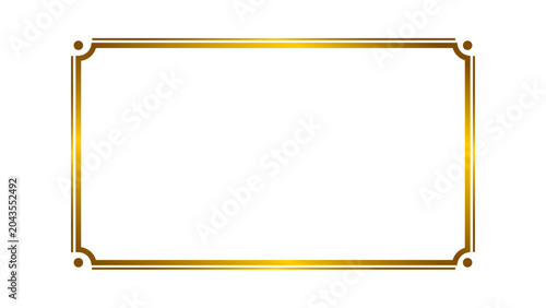Simple and elegant rectangular shiny golden outline frame with stylish corner isolated on transparent background. Decorative golden metal gradient border frame for luxury designs. Vector illustration.