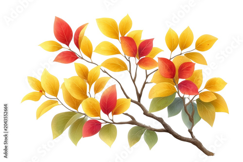 Illustration of autumn tree branch with yellow and red leaves isolated on transparent background