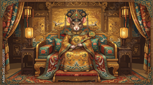 Foto Regal mouse emperor wearing golden traditional silk robes sits majestically upon