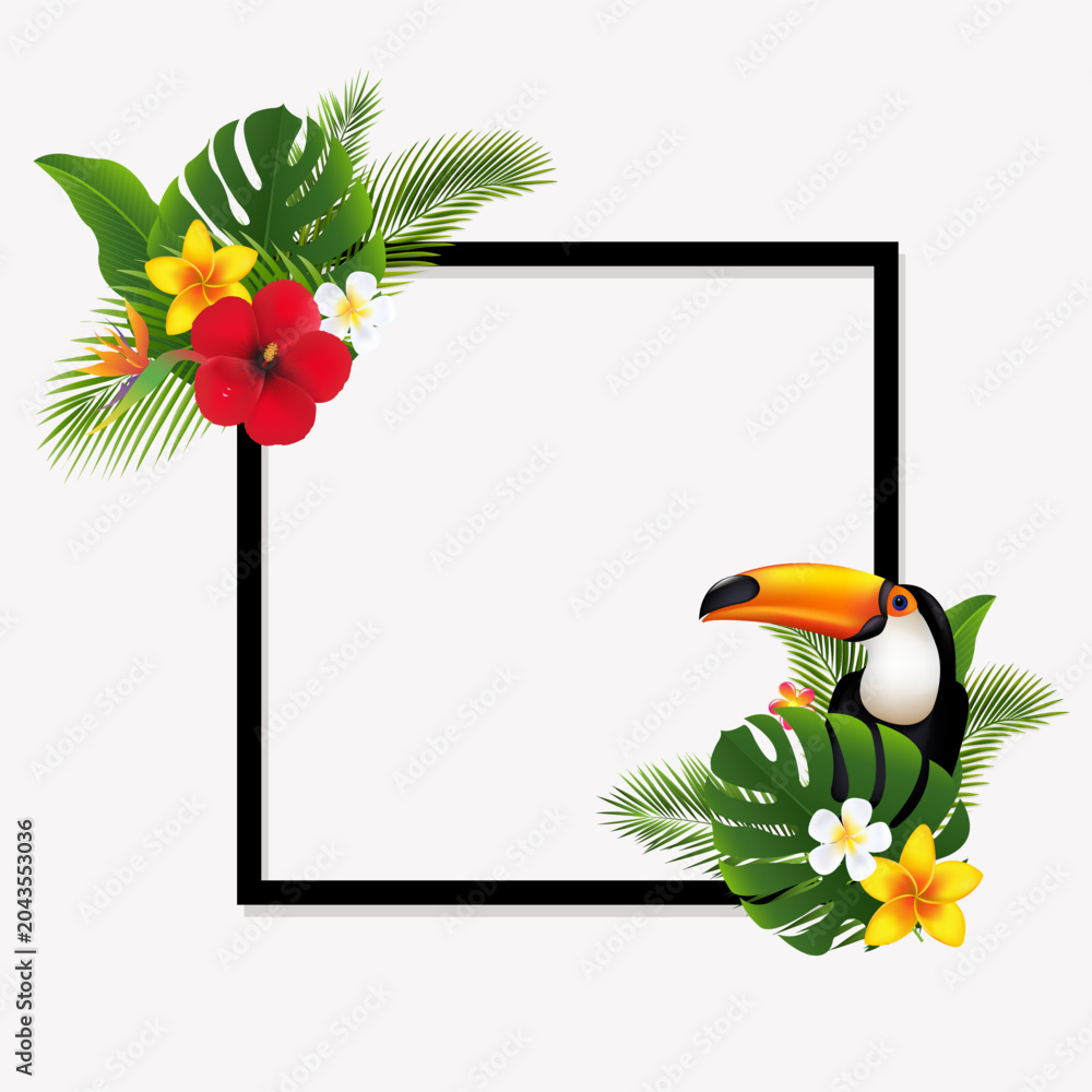 Fototapeta premium Palm Tree Leaves And Flowers Frame