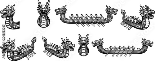 A professional minimalist black vector icon set featuring traditional dragon boat elements from different angles