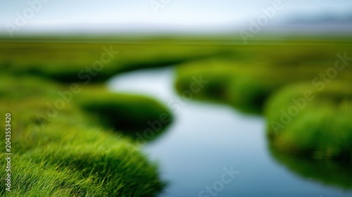 Serene, winding waterway through lush, green marshland under soft, hazy light