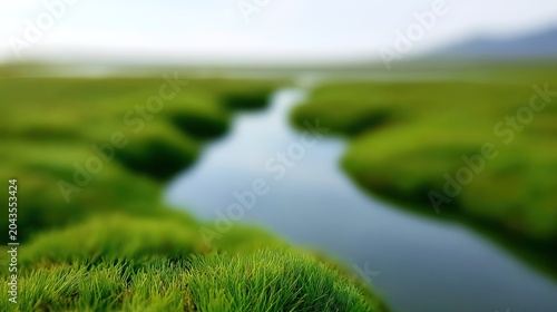 Lush green marshland with a winding stream under soft, hazy light