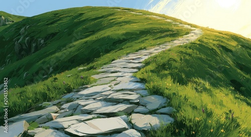 Sunlit stone path winds up verdant, rolling hills under a bright sky