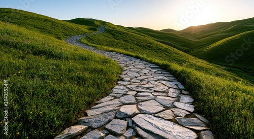 Winding stone path through rolling green hills bathed in golden sunset light