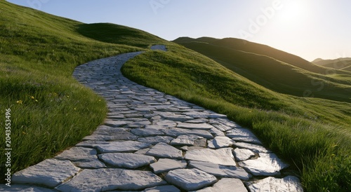 Winding stone path through lush green hills under a golden sunset