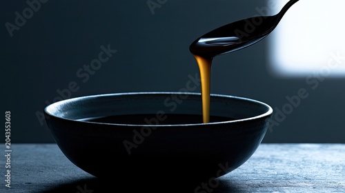 A dark, viscous liquid pours from a spoon into a deep bowl