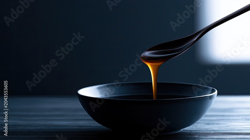Rich amber syrup drips from a dark spoon into a minimalist dark bowl