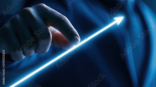Finger points to a bright ascending arrow indicating progress and growth