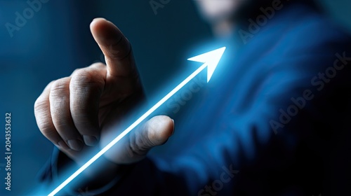 Businessman's finger touches bright upward-trending arrow