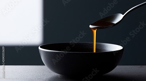 Rich, dark liquid slowly drips from a spoon into a black bowl