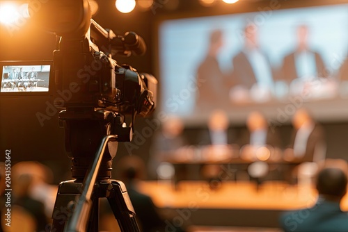 Professional video camera films a panel discussion event with audience