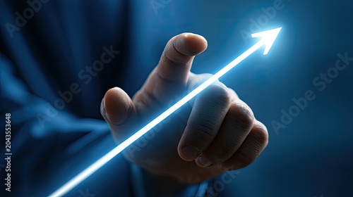 A hand points towards a glowing upward-trending arrow, symbolizing growth
