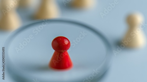 Red game piece magnified, others blurred in background
