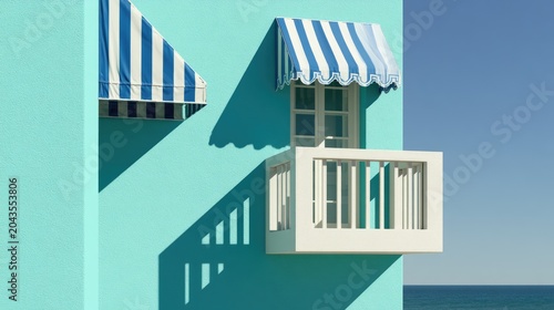 Brightly colored building with striped awnings and a small balcony under blue sky