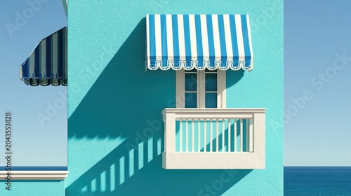 Bright turquoise wall with striped awning over window, creating geometric shadows