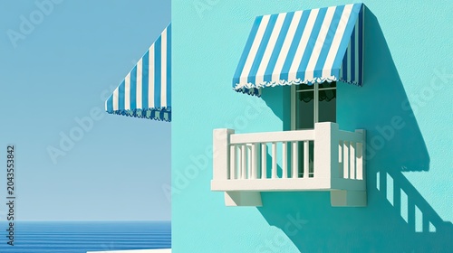 A stylized balcony with striped awning against a turquoise wall, bright sky, and sea