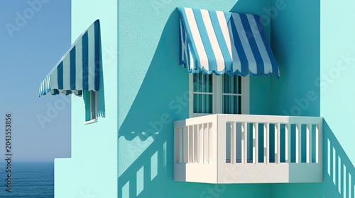 Bright turquoise building with striped awnings and balcony under a clear blue sky