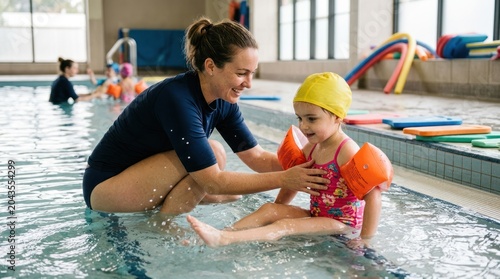 A woman and a child in a swimming pool, with the woman wearing a blue shirt and the child wearing a yellow cap and a pink swimsuit.