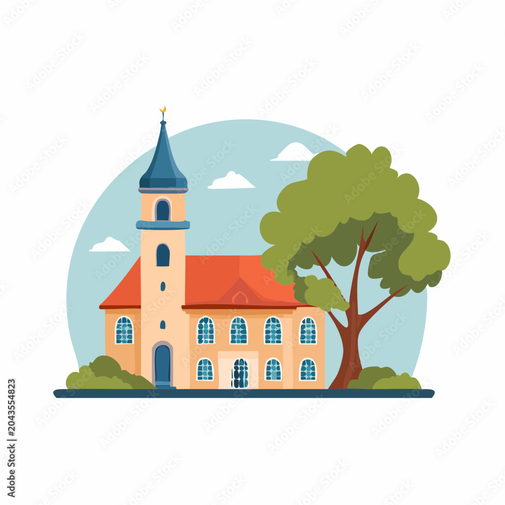 Naklejka premium Illustration of a Church Building with a Tall Steeple and a Large Tree