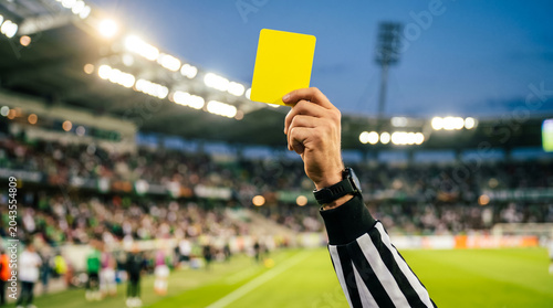 Referee holding yellow card in soccer stadium