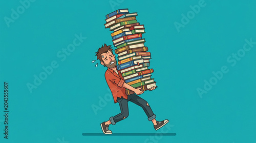 Student Carrying Heavy Stack Of Books Education Illustration