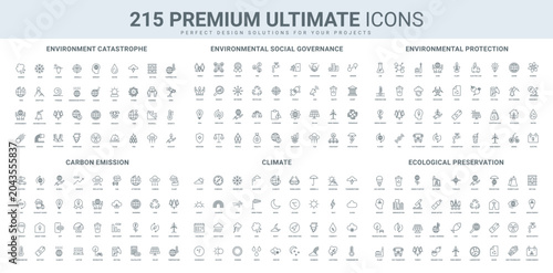 Ecology protection, ESG regulation, green energy startup and CO2 neutral line icon set. Climate change and natural catastrophes, weather calendar thin black outline symbols vector illustration