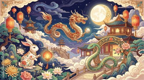 Konstfotografi Golden dragon and patterned rabbit celebrate the lunar new year amidst tradition