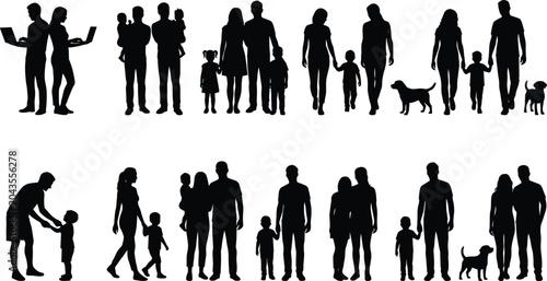Fotografía Family Silhouette Collection with Parents Children Pets and Daily Life Interacti