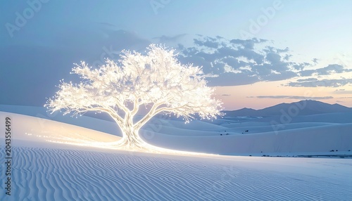 Ethereal Tree of Light in a Dreamlike Desert Landscape.