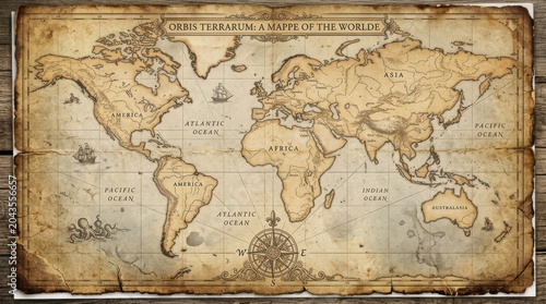 Antique world map illustration orbis terrarum 17th century cartography style