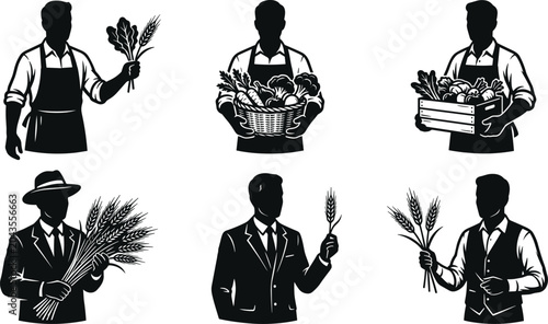 Foto Farmer and Agricultural Produce Silhouette Collection with Fresh Vegetables Whea