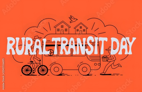 Rural Transit Day line art banner with bus and people
