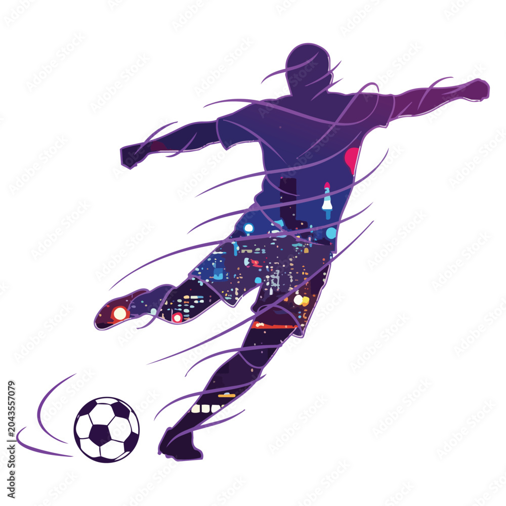 Obraz premium Soccer player kicking ball action football sport illustration vector sketch silhouette man player dynamic movement game scene