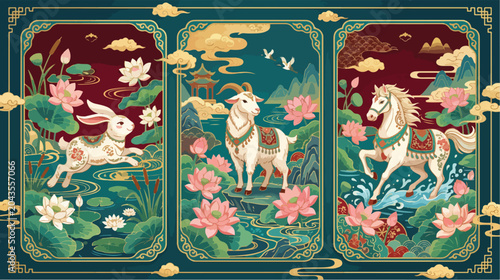 Εκτύπωση καμβά Traditional chinese zodiac animals featuring a rabbit goat and horse surrounded