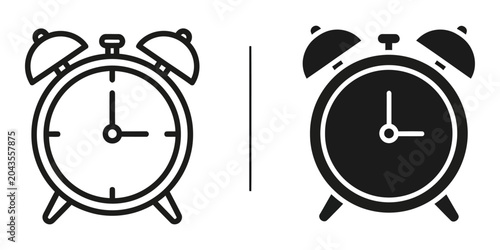Classic alarm clock icons in outline and solid silhouette styles on a white background