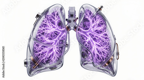 Isolated Medical Illustration of Lungs with Purple Energy or Electricity