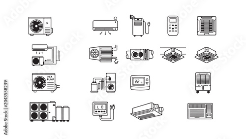 HVAC Equipment and Climate Control System Vector Icons
